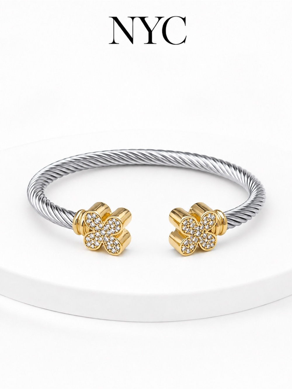 NYC Two-Tone Twisted Cable Cuff Bracelet with Gold Crystal Clover Ends